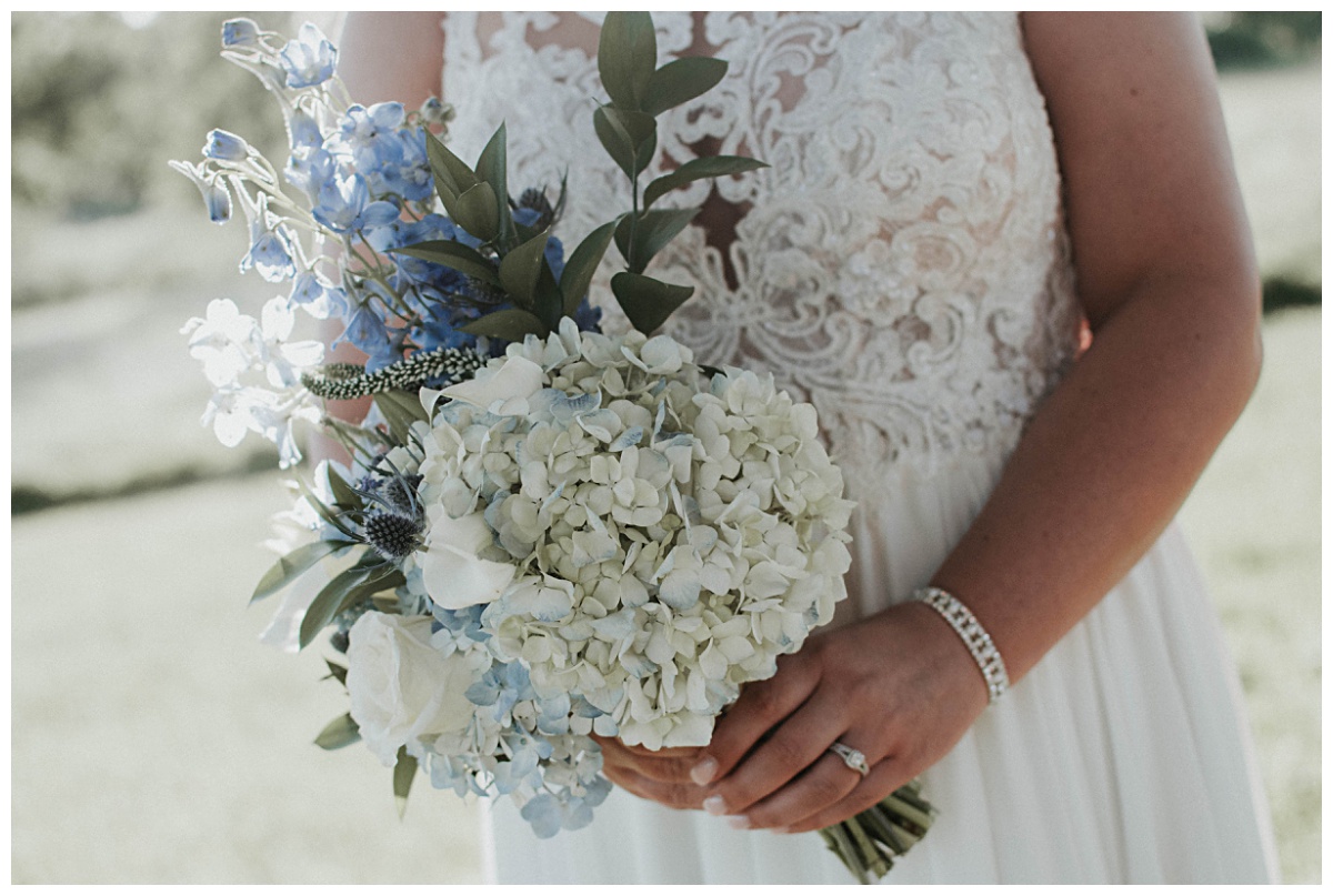 Soft blue and white gathered style bouquet at Emery's Buffalo Creek | Ocean Blue Inspired Wedding