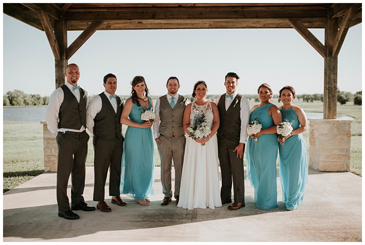 The Couple and Bridal Party at Emery's Buffalo Creek | Ocean Blue Inspired Wedding theme 