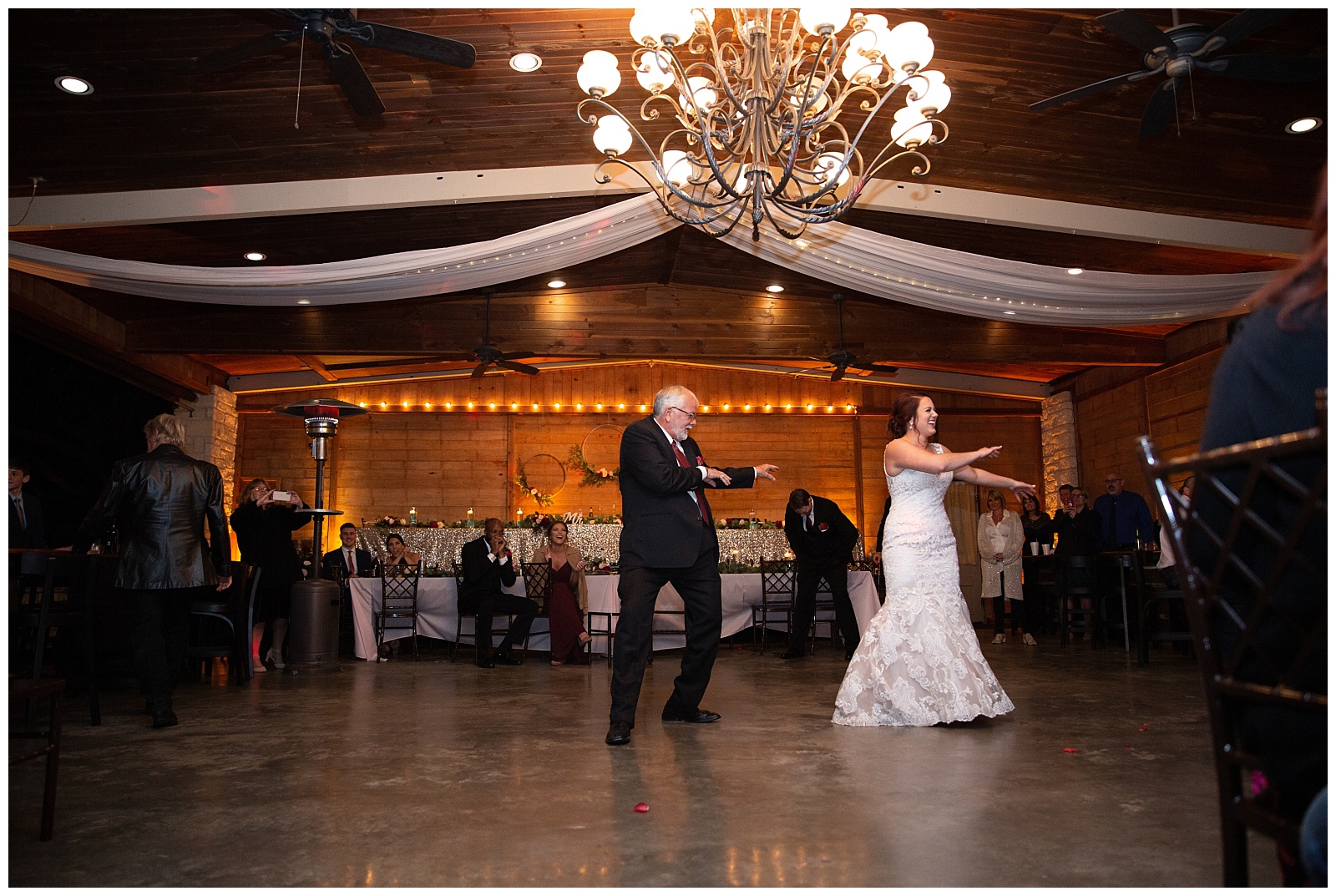 Father and daughter fun dance | Glam Burgundy and Blush wedding at Emery's Buffalo Creek 