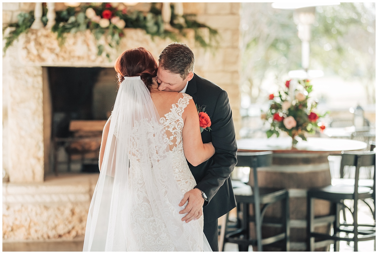Quiet moment together pre ceremony | Glam Burgundy and Blush Wedding