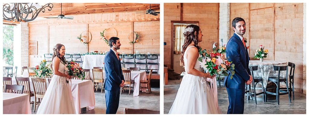 The first look between the couple at Houston's Winery wedding venue in Bellville, TX 