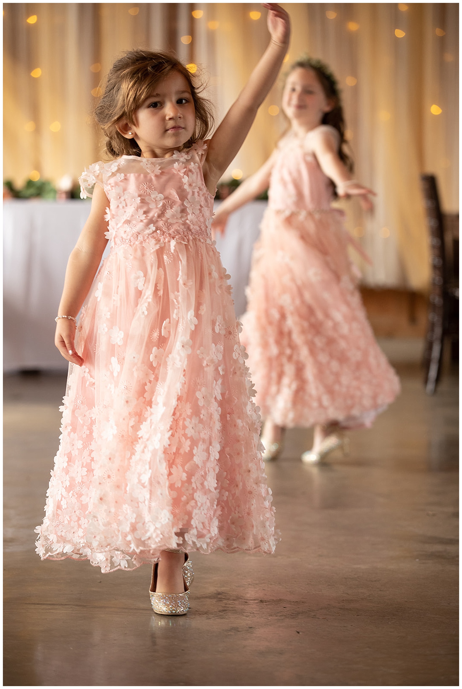Little Flower girls in peach | Playful wedding at Emery's Buffalo Creek in Houston, Texas 