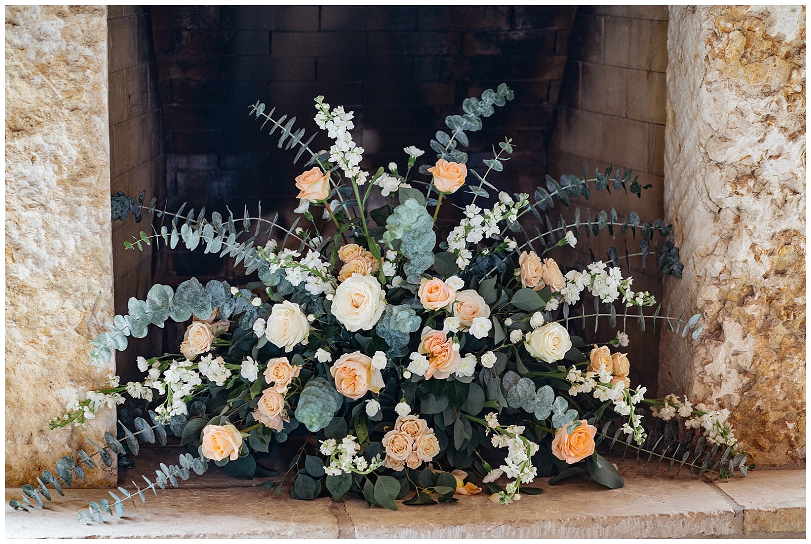 Sage and Peach Fireplace Centerpiece | Gorgeous Wedding at Emery's Buffalo Creek  