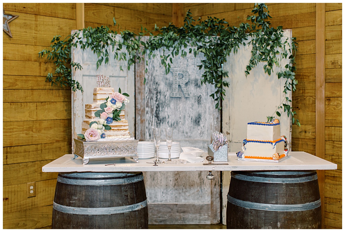 Vintage Door Backdrop for cakes at Emery's Buffalo Creek | Houston Wedding Winery Venue 