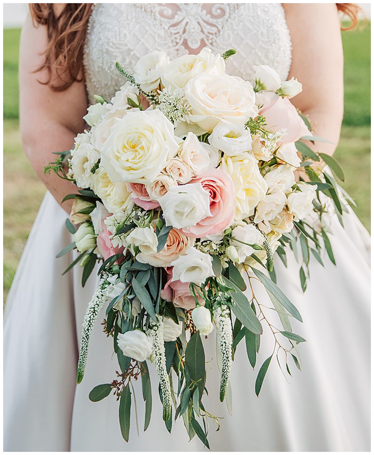 Cascade Bridal bouquet at Houston Winery wedding venue in Bellville, Tx. Samantha O' Neal Photography 