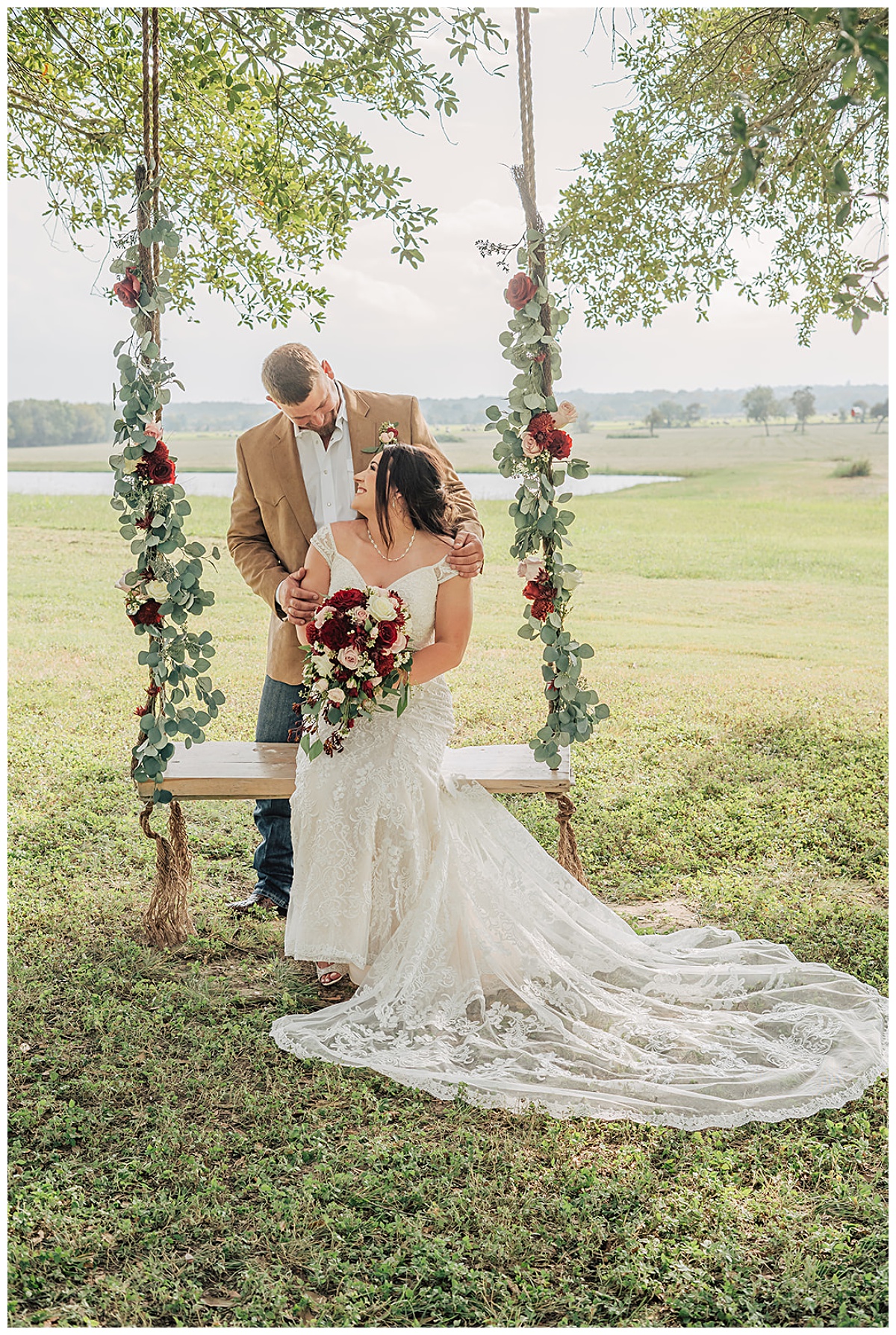 Wedding couple at Emery's Buffalo Creek swing located in Bellville, TX. Samantha O' Neal Photography