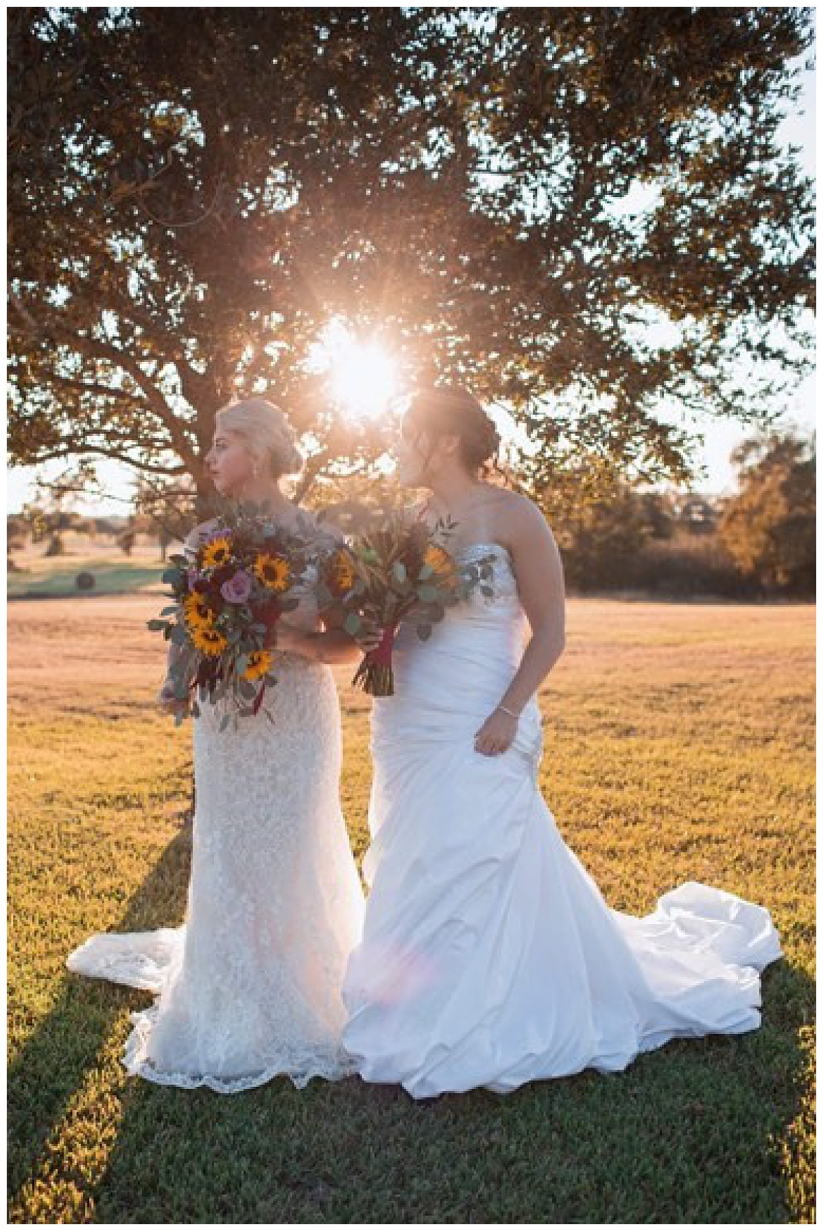 Couple with their bouquets in the sunset at Emery's Buffalo Creek 