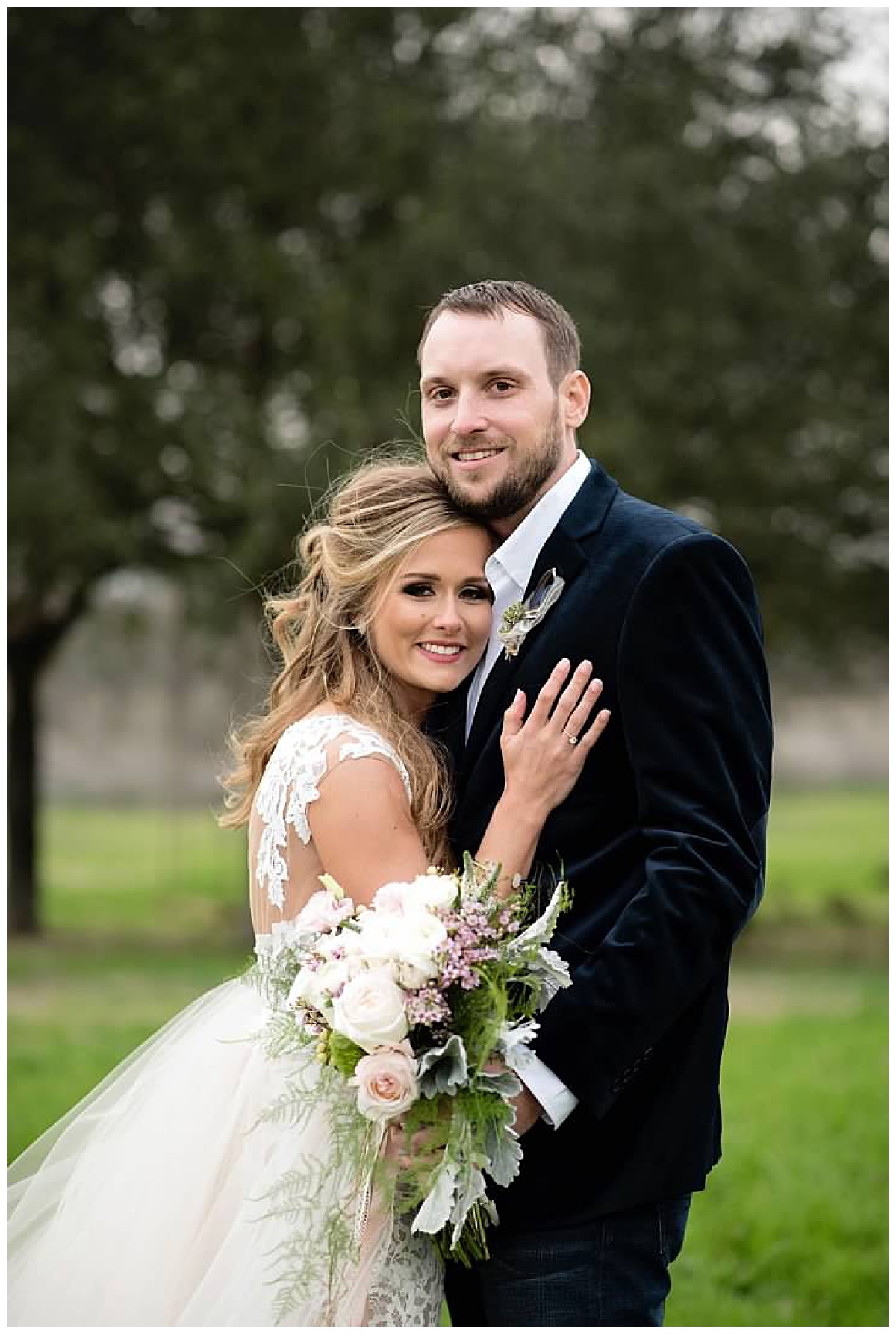 Bride and Groom pose for their Texas Winter Wedding in Greater Houston area countryside at Emery's Buffalo Creek 