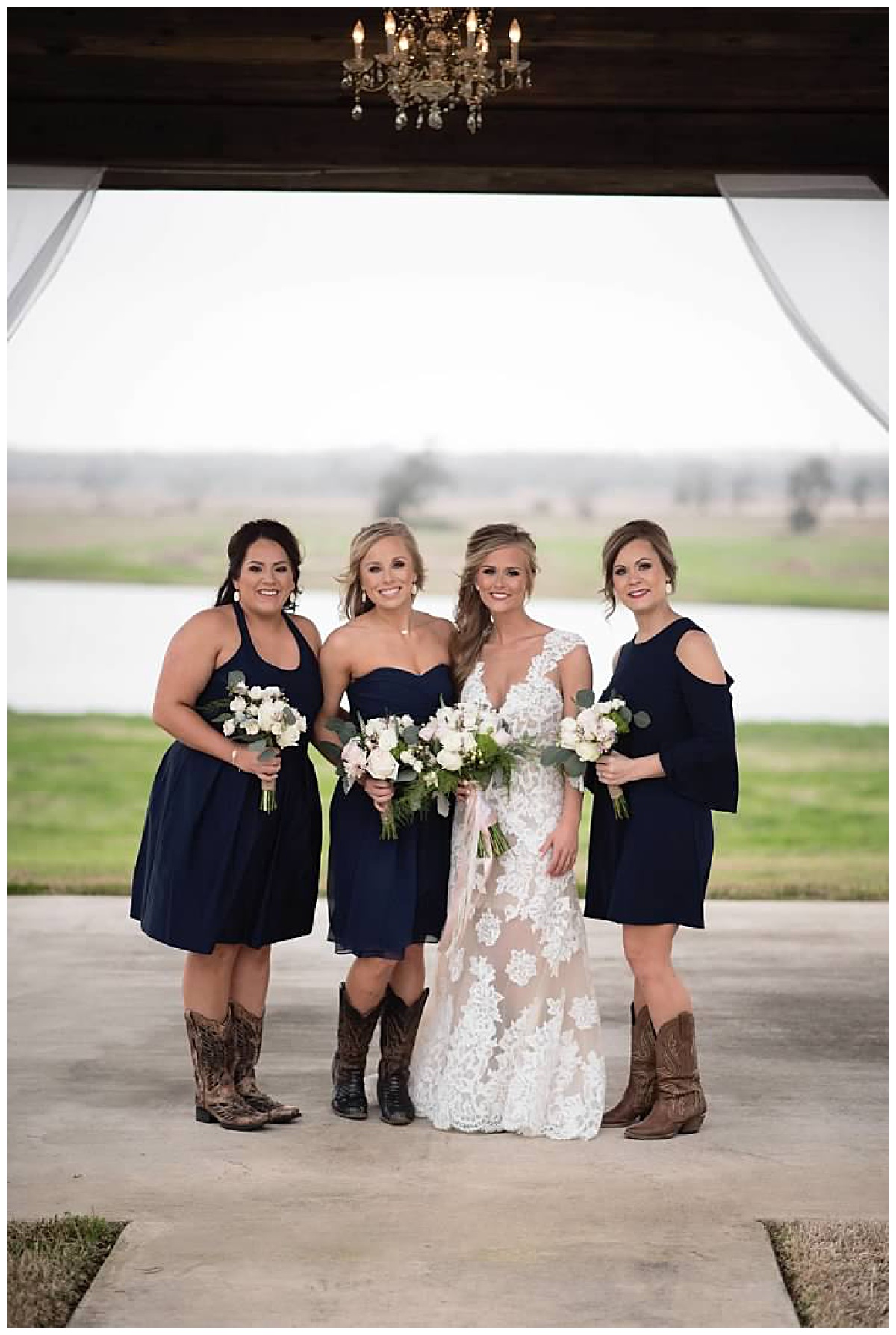 Short Navy dresses for the Win for the Ladies standing by her Bride at Emery's Buffalo Creek 