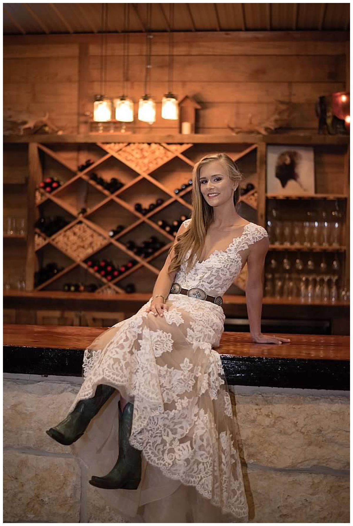 Winter Wedding at Texas Winery Wedding Venue with Bride on Cedar Bar at Emery's Buffalo Creek 