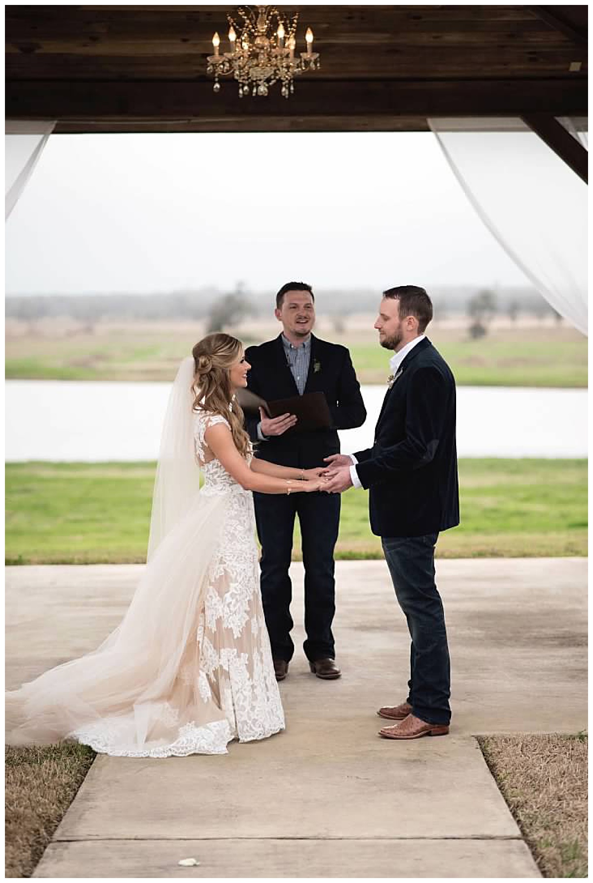 The Texas Wedding Couple Stating their vows in February at Emery's Buffalo Creek 