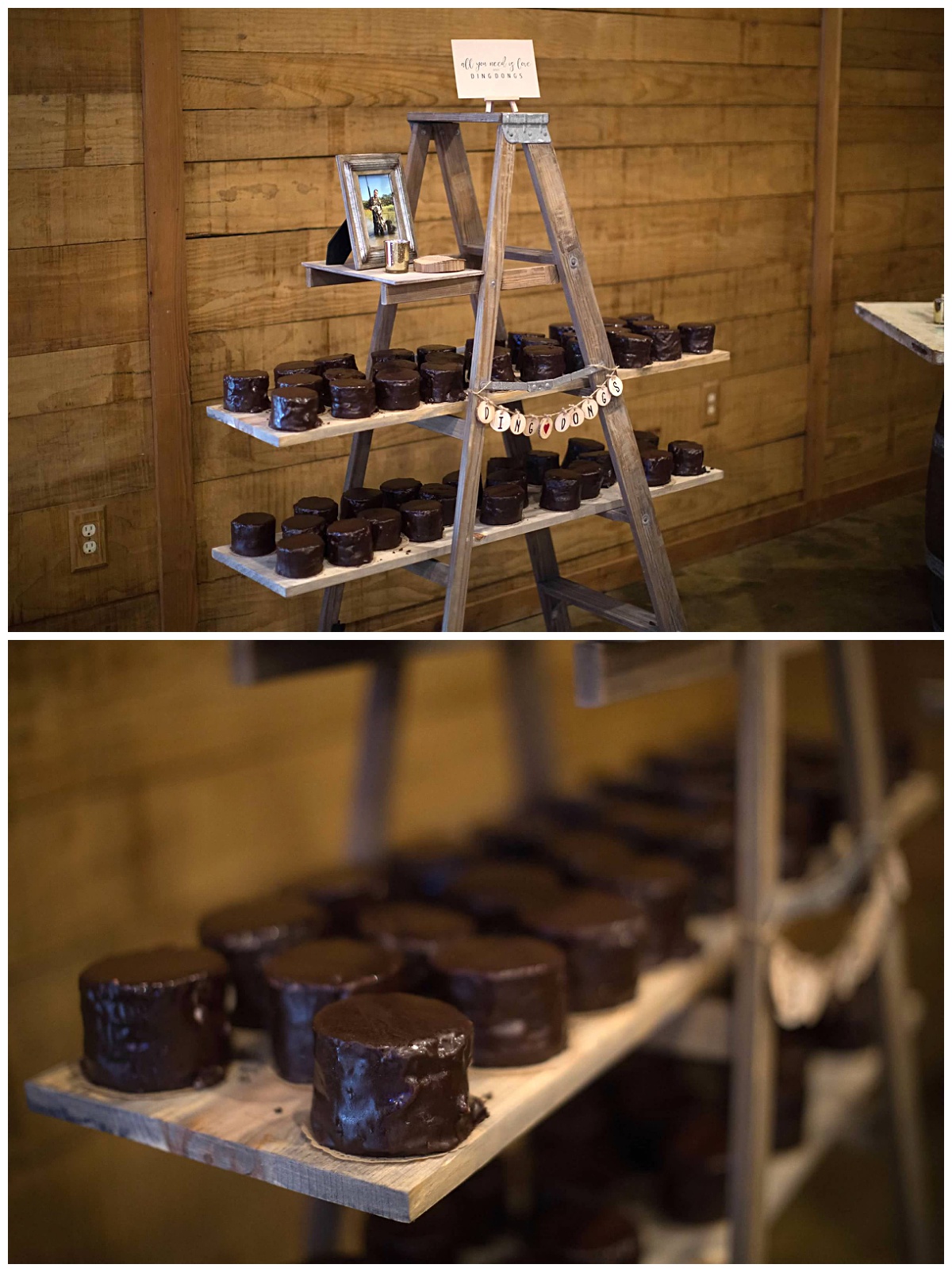 Ding Dongs by The Bake Shoppe on a display Ladder at Houston Winery Wedding Venue for a Winter Wedding