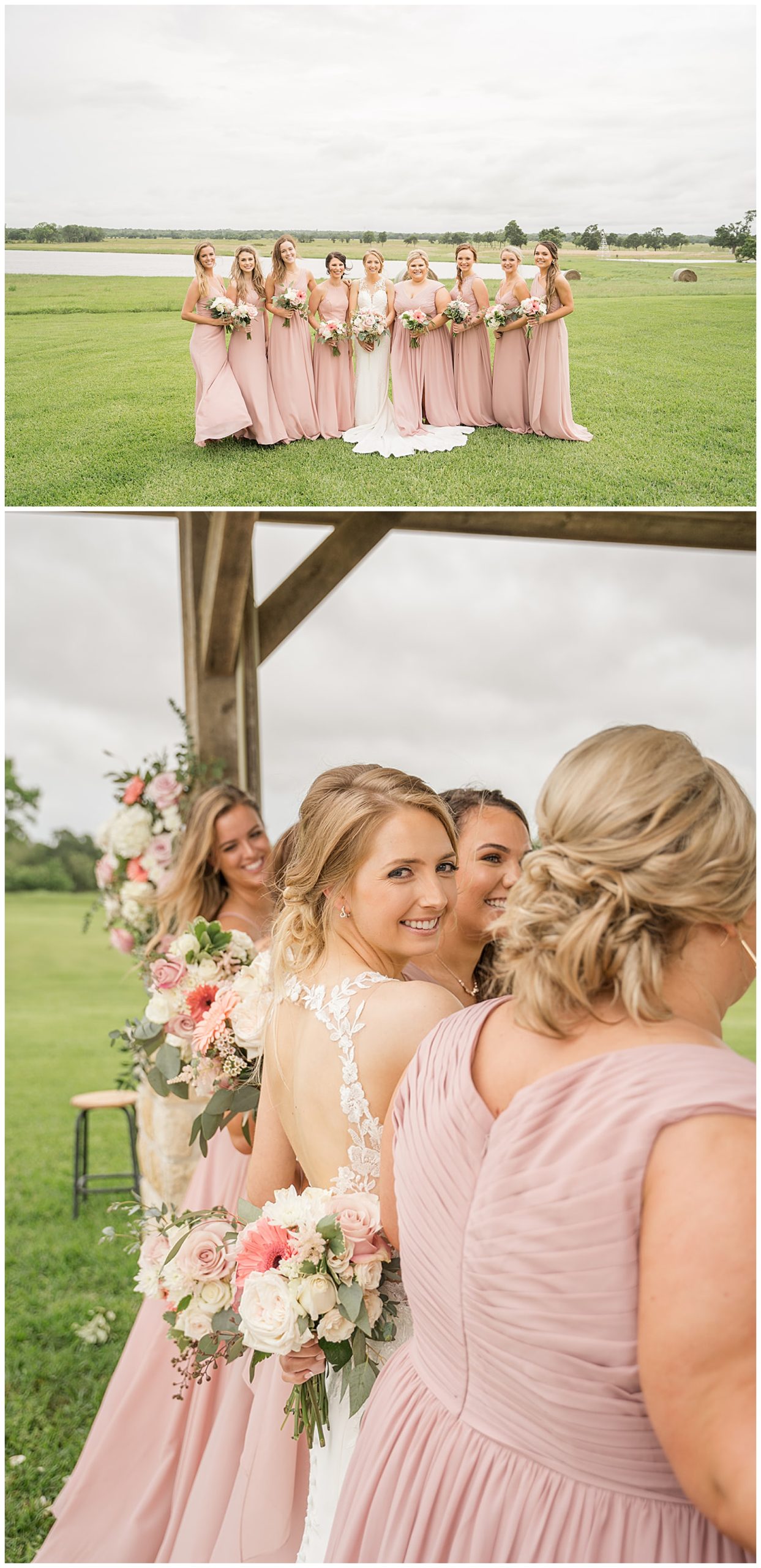 Bridesmaids and Bride posing outdoors in front of the lake at Emery's Buffalo Creek 